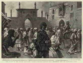 La fine della campagna di Tirah, famiglie Afridi che entrano nella città di Peshawar alla Porta di Edward